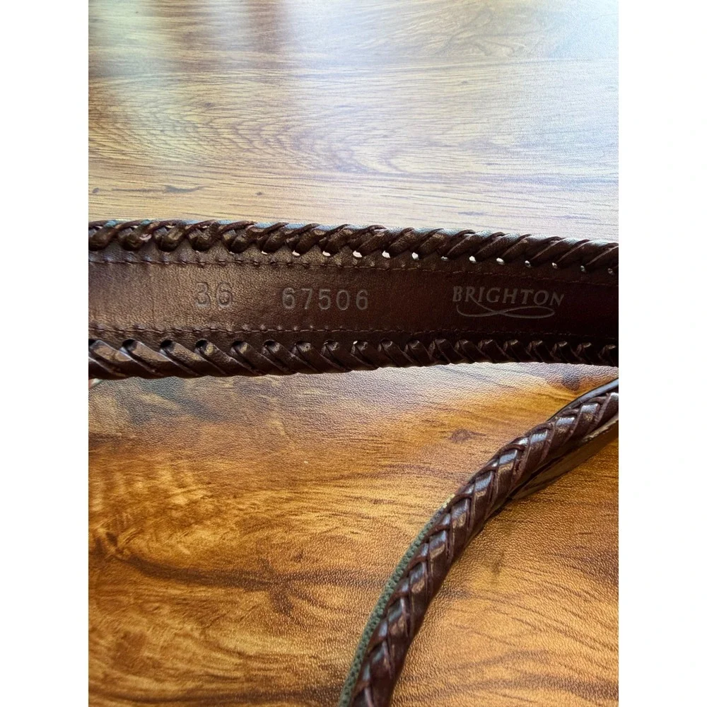 Brighton Men's Brown Braided Leather Plaid Woven Belt 36 Silver Buckle 67506